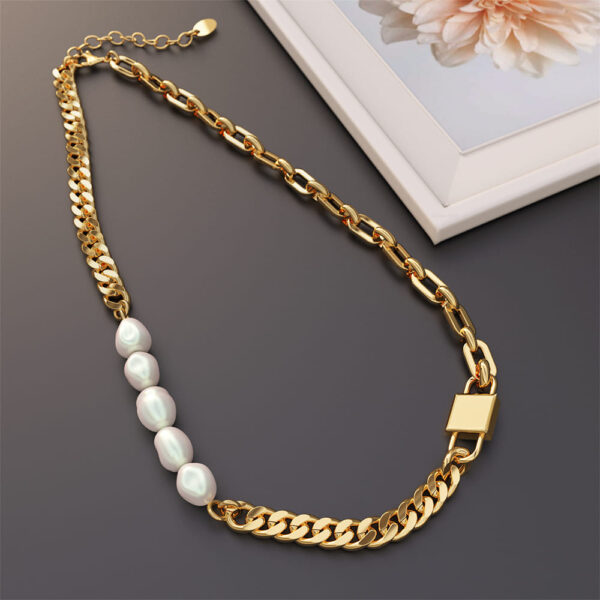 Paperclip Cuban Chain Link Pearl Necklace in Gold - Image 2
