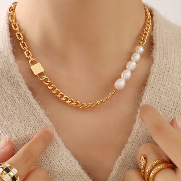 Paperclip Cuban Chain Link Pearl Necklace in Gold - Image 3