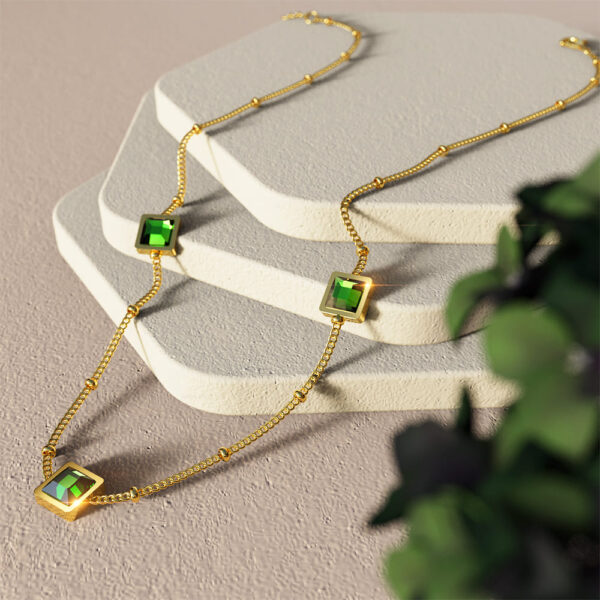Square Bezel Station Necklace in Emerald Green - Image 3