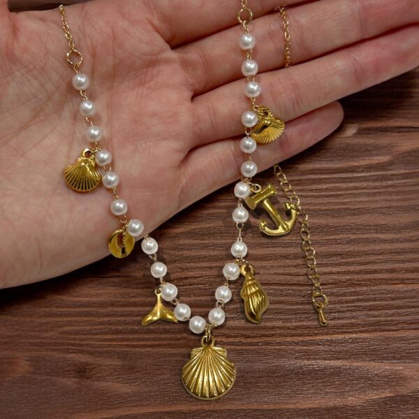 Beaded Sea Pearl Charm Gold Necklace - Image 3