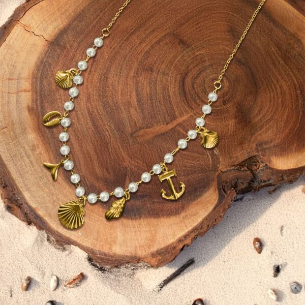 Beaded Sea Pearl Charm Gold Necklace - Image 4