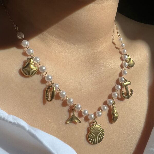 Beaded Sea Pearl Charm Gold Necklace - Image 7