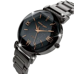 Bullion Gold Romish Watch Embellished with Glittering Crystals - Black and Rose Gold