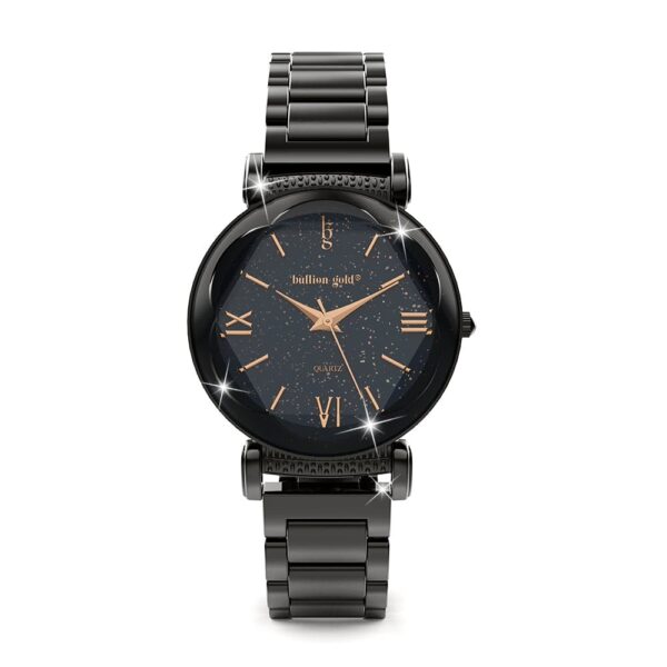 Bullion Gold Romish Watch Embellished with Glittering Crystals - Black and Rose Gold - Image 2