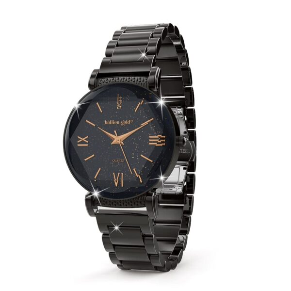 Bullion Gold Romish Watch Embellished with Glittering Crystals - Black and Rose Gold - Image 3