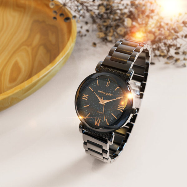 Bullion Gold Romish Watch Embellished with Glittering Crystals - Black and Rose Gold - Image 4