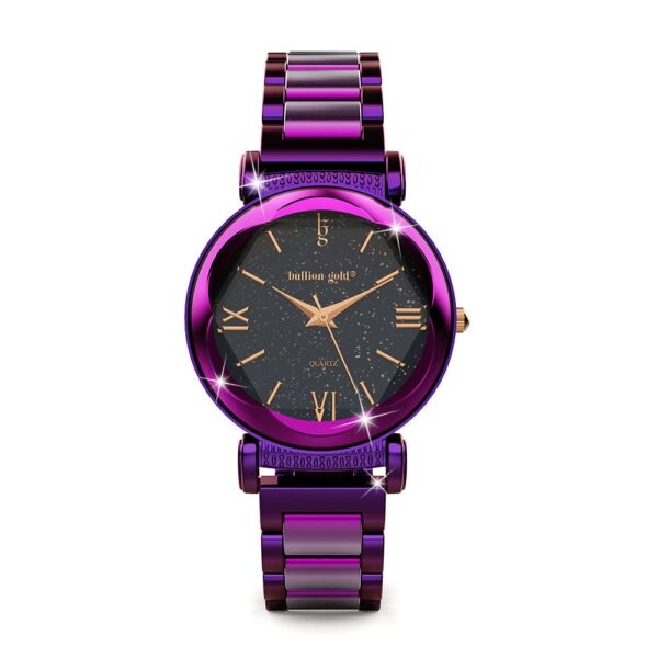 Bullion Gold Romish Watch Embellished with Glittering Crystals - Purple and Black - Image 2