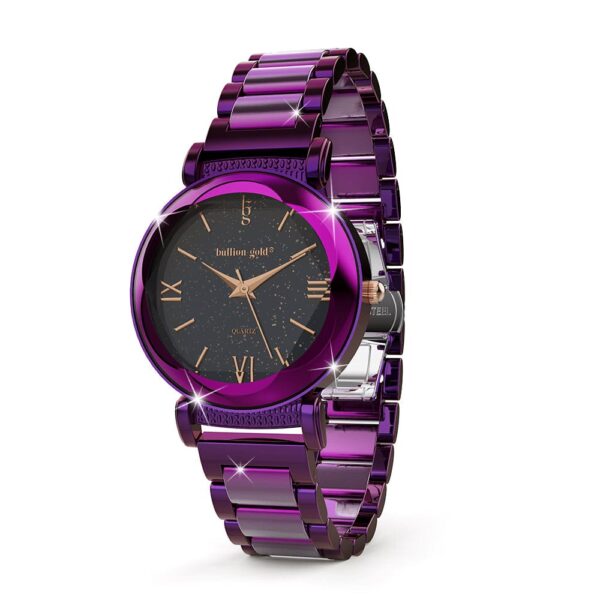 Bullion Gold Romish Watch Embellished with Glittering Crystals - Purple and Black - Image 3