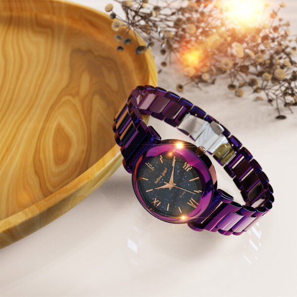 Bullion Gold Romish Watch Embellished with Glittering Crystals - Purple and Black - Image 4