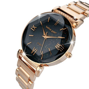 Bullion Gold Romish Watch Embellished with Glittering Crystals - Rose Gold and Black