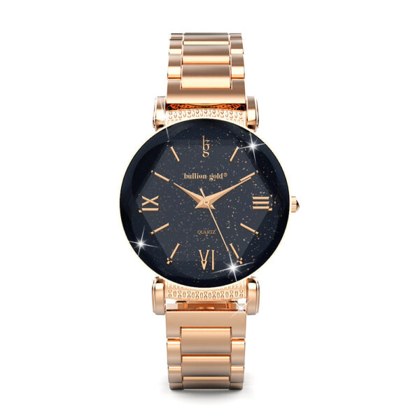 Bullion Gold Romish Watch Embellished with Glittering Crystals - Rose Gold and Black - Image 2
