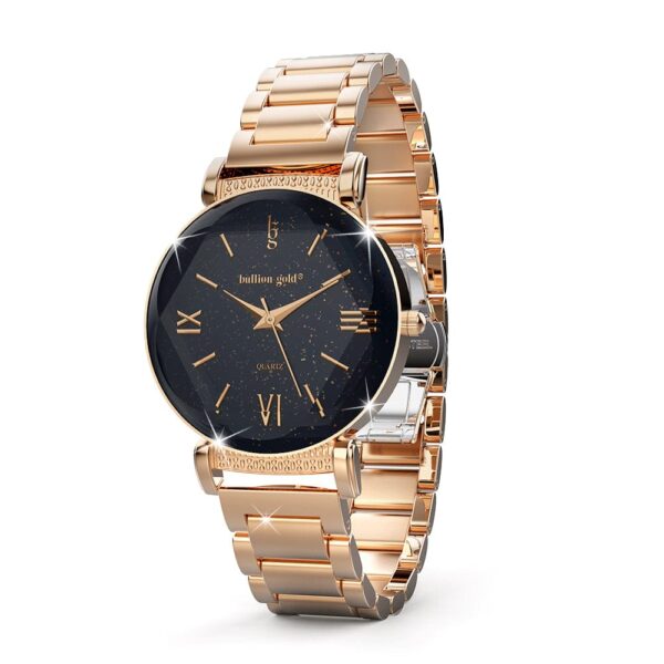 Bullion Gold Romish Watch Embellished with Glittering Crystals - Rose Gold and Black - Image 3
