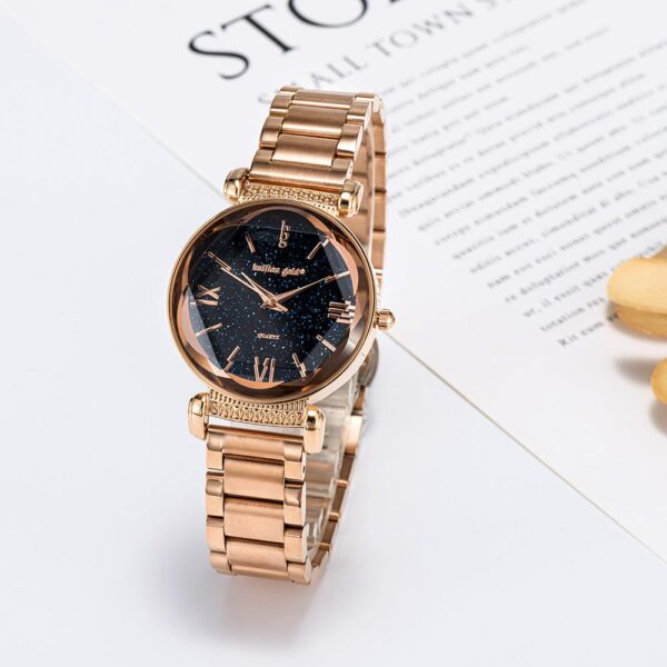 Bullion Gold Romish Watch Embellished with Glittering Crystals - Rose Gold and Black - Image 4