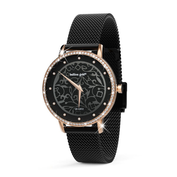 Bullion Gold Elite Watch Embellished with Rhinestone - Rose Gold and Black - Image 3