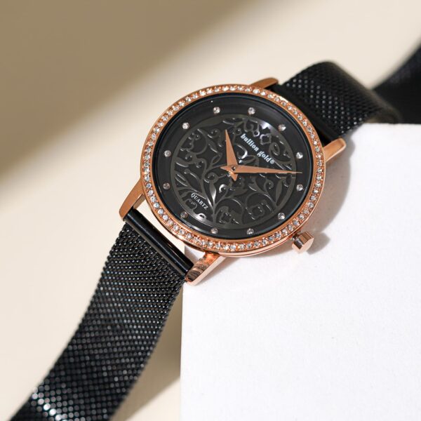 Bullion Gold Elite Watch Embellished with Rhinestone - Rose Gold and Black - Image 5