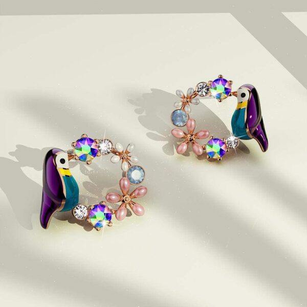 Purple Bird and Multicolour Floral Austrian Crystal Stud Earrings - Image 3
