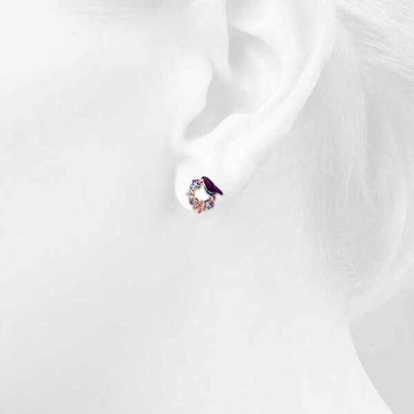 Purple Bird and Multicolour Floral Austrian Crystal Stud Earrings - Image 4