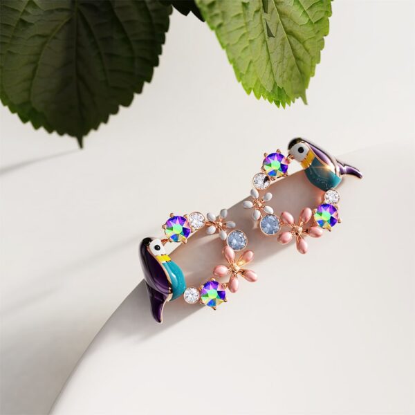 Purple Bird and Multicolour Floral Austrian Crystal Stud Earrings - Image 2