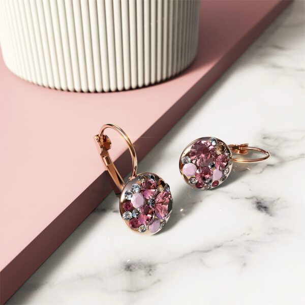 Clustered Austrian Crystals Leverback Earrings in Pinkish Red - Image 3