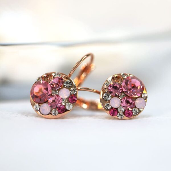 Clustered Austrian Crystals Leverback Earrings in Pinkish Red - Image 4
