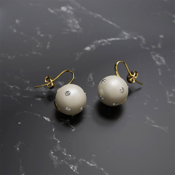 Crystal Embellished Large Round Shell Pearl Hook Back Earrings - Image 2