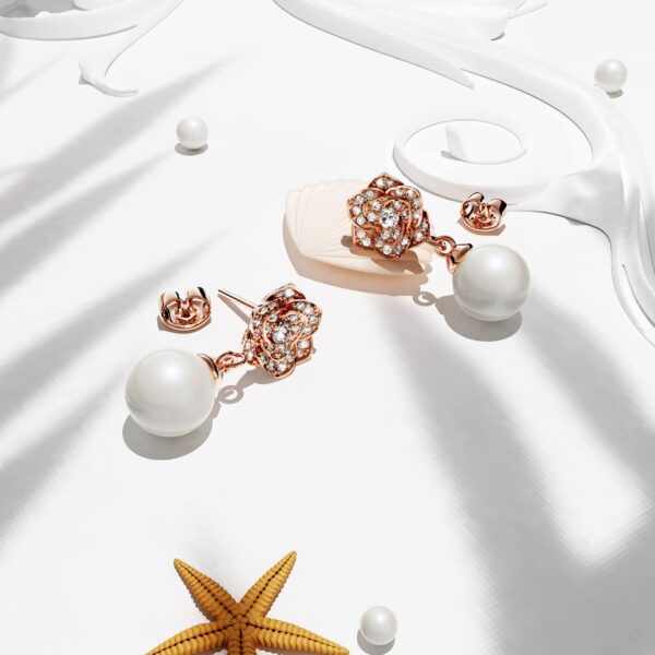 Flower Blush Earrings Embellished with SWAROVSKI® Pearls in Rose Gold - Image 2
