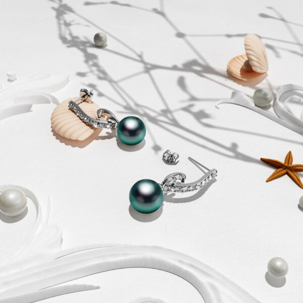 Luminous Pearl Stud Earrings in White Gold Embellished with SWAROVSKI® Crystals Iridescent Tahitian Look Pearls - Image 2