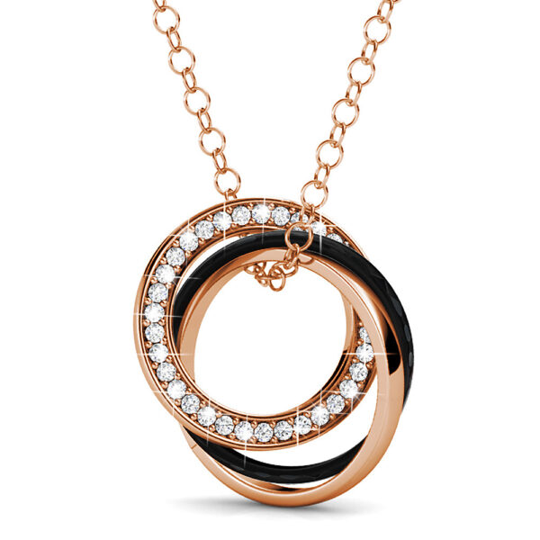 Rose Gold Triple Interlocking Ring Black Pendant Necklace Embellished with SWAROVSKI® Crystals