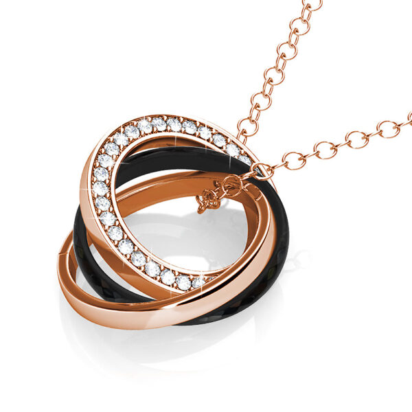 Rose Gold Triple Interlocking Ring Black Pendant Necklace Embellished with SWAROVSKI® Crystals - Image 3