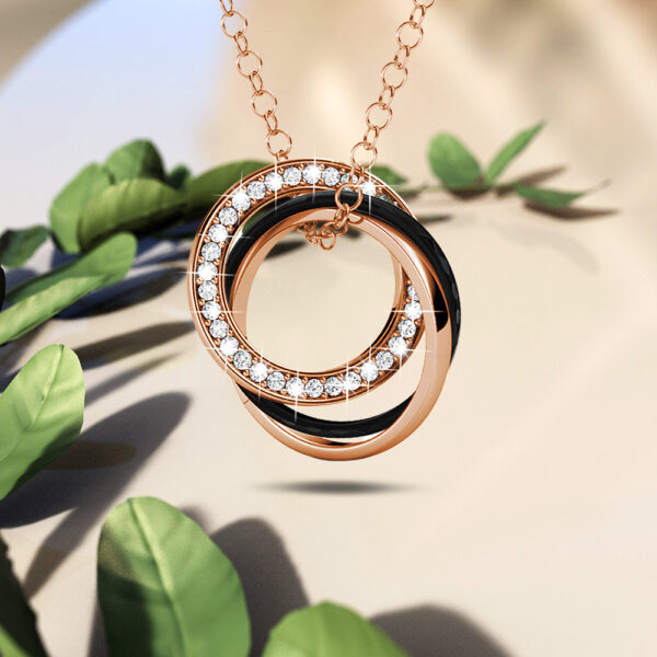 Rose Gold Triple Interlocking Ring Black Pendant Necklace Embellished with SWAROVSKI® Crystals - Image 4