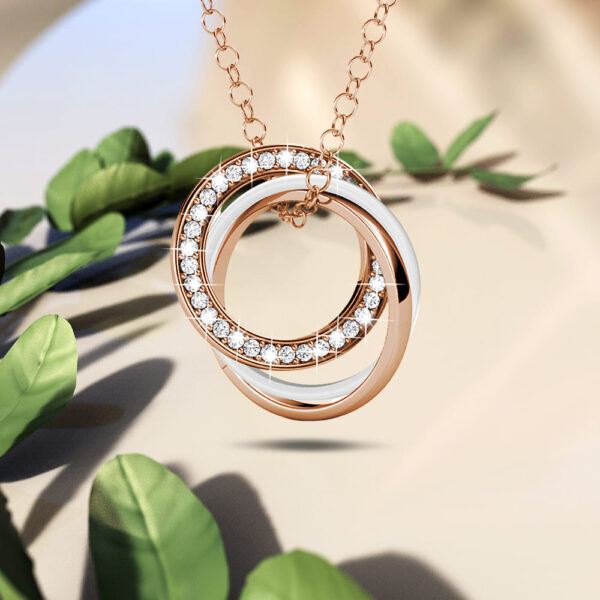 Rose Gold Triple Interlocking Ring White Pendant Necklace Embellished with SWAROVSKI® Crystals - Image 4