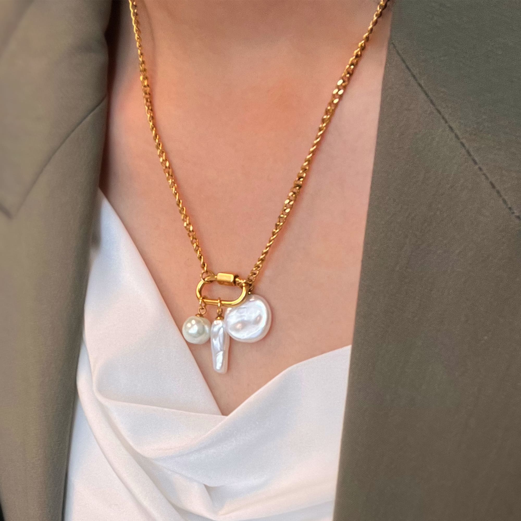 Pearl Trio Gold Clasp Charm Necklace - Image 3