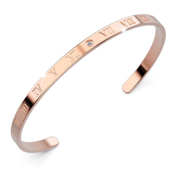 Timeless Roman Numerals Cuff Bangle in Rose Gold Plated Titanium with Genuine 0.005ct Diamond