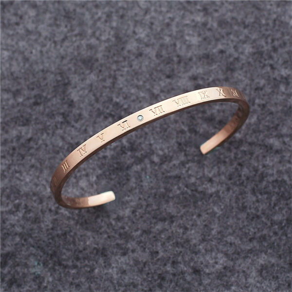 Timeless Roman Numerals Cuff Bangle in Rose Gold Plated Titanium with Genuine 0.005ct Diamond - Image 5