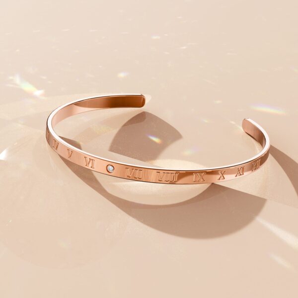 Timeless Roman Numerals Cuff Bangle in Rose Gold Plated Titanium with Genuine 0.005ct Diamond - Image 3