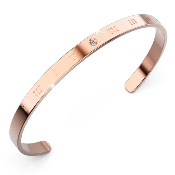 Signature Roman Numerals Cuff Bangle in Rose Gold Plated Titanium with Genuine 0.005ct Diamond
