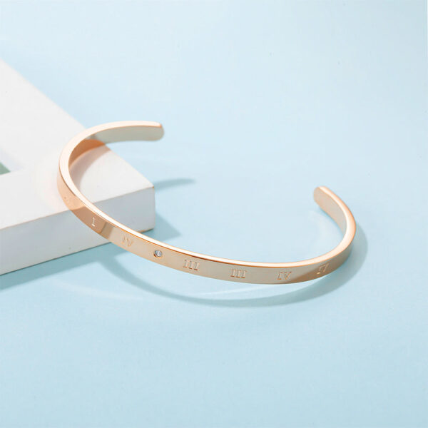 Signature Roman Numerals Cuff Bangle in Rose Gold Plated Titanium with Genuine 0.005ct Diamond - Image 7