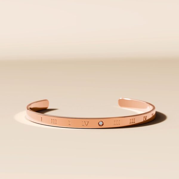 Signature Roman Numerals Cuff Bangle in Rose Gold Plated Titanium with Genuine 0.005ct Diamond - Image 4