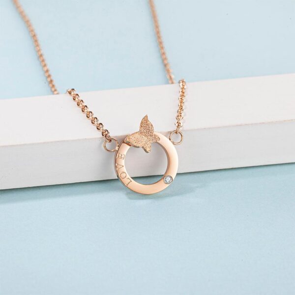 Butterfly in Love Necklace in Rose Gold Plated Titanium with Genuine 0.005ct Diamond - Image 3