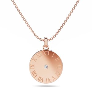 Roman Numerals Sundial Necklace in Rose Gold Plated Titanium with Genuine 0.01ct Diamond