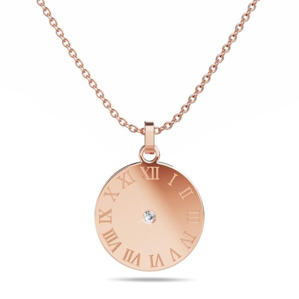Roman Numerals Sundial Necklace in Rose Gold Plated Titanium with Genuine 0.01ct Diamond