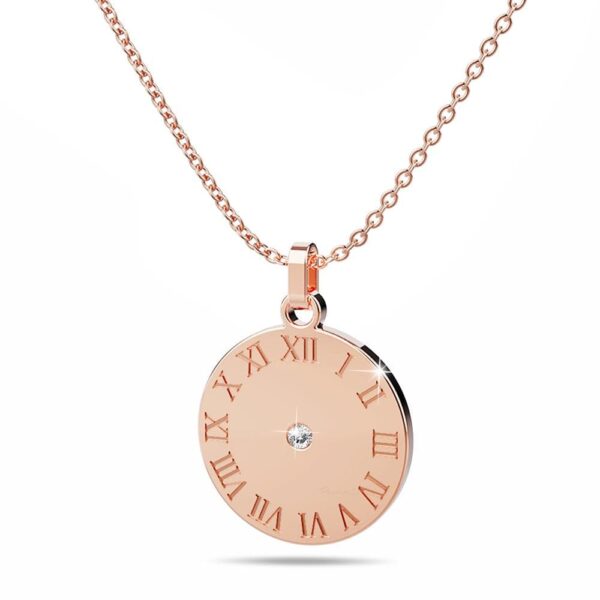 Roman Numerals Sundial Necklace in Rose Gold Plated Titanium with Genuine 0.01ct Diamond - Image 2