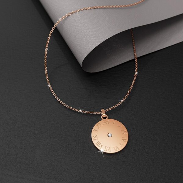 Roman Numerals Sundial Necklace in Rose Gold Plated Titanium with Genuine 0.01ct Diamond - Image 3