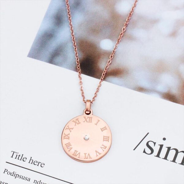 Roman Numerals Sundial Necklace in Rose Gold Plated Titanium with Genuine 0.01ct Diamond - Image 4