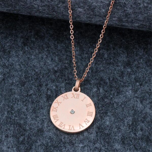 Roman Numerals Sundial Necklace in Rose Gold Plated Titanium with Genuine 0.01ct Diamond - Image 5