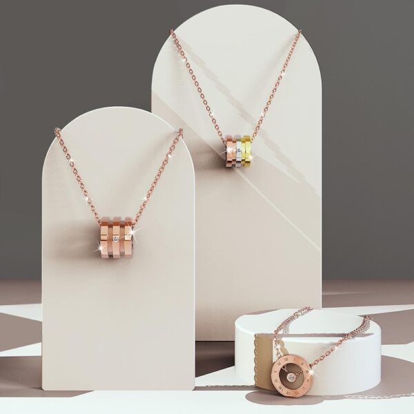 Roman Numerals Halo Pendant Necklace in Rose Gold Plated Titanium with Genuine 0.005ct Diamond - Image 8