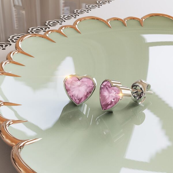 Solid 925 Sterling Silver Heart Bezel Studs Pink - Image 4