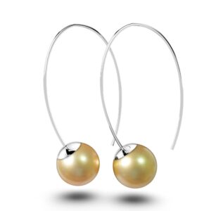 Solid 925 Sterling Silver Round Champagne Imitation Pearl Dangle Earrings