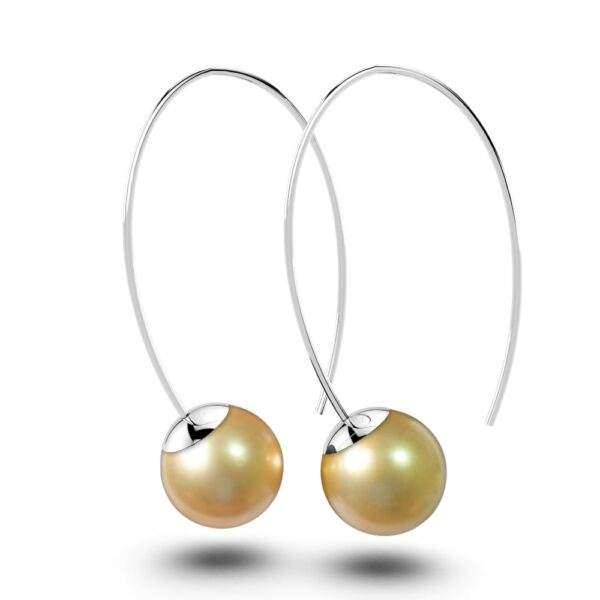 Solid 925 Sterling Silver Round Champagne Imitation Pearl Dangle Earrings