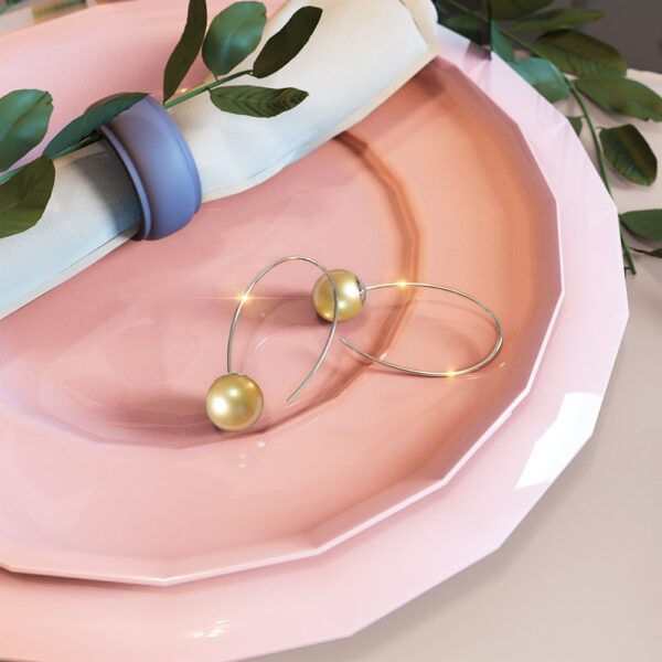 Solid 925 Sterling Silver Round Champagne Imitation Pearl Dangle Earrings - Image 2